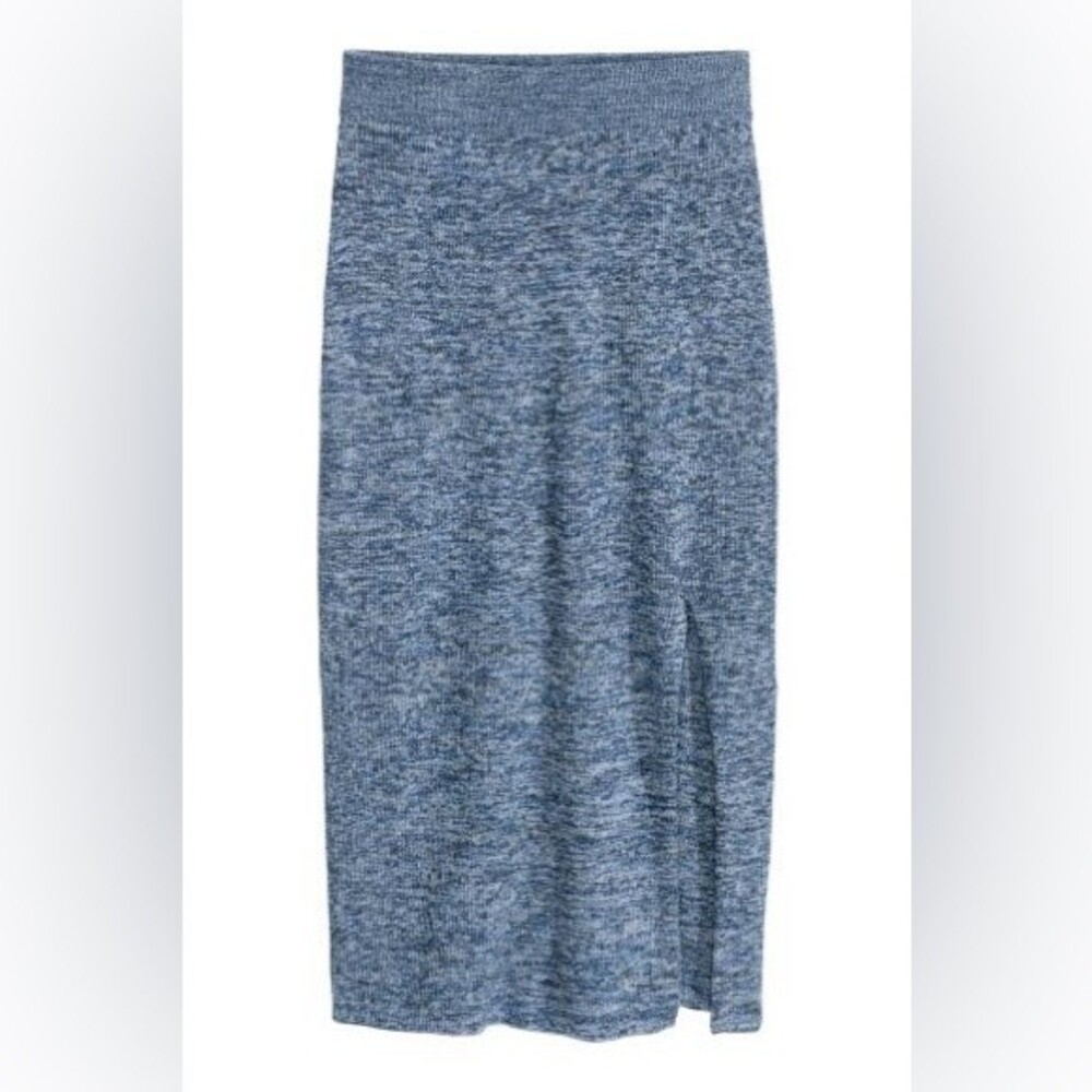 H&M Knitted Midi Pencil Skirt with Side Slit Blue Marl